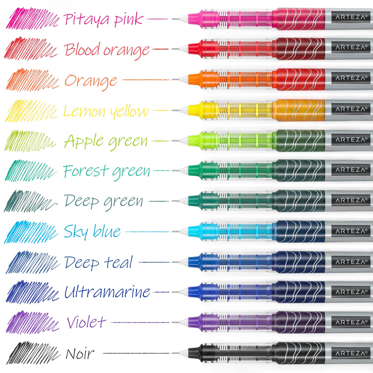 Roller Ball Pens, Multicolor, 0.5mm Needle Nib - Set of 24