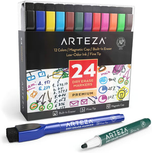 Dry Erase Markers with Magnetic Eraser Caps, Fine Tip - Set of 24