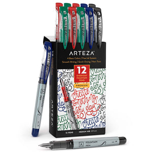 Fountain Pens, Black, Blue, Red & Green, Medium Nib - Pack of 12