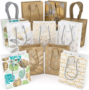 Gift Bags in White & Kraft with Assorted Designs - Set of 18