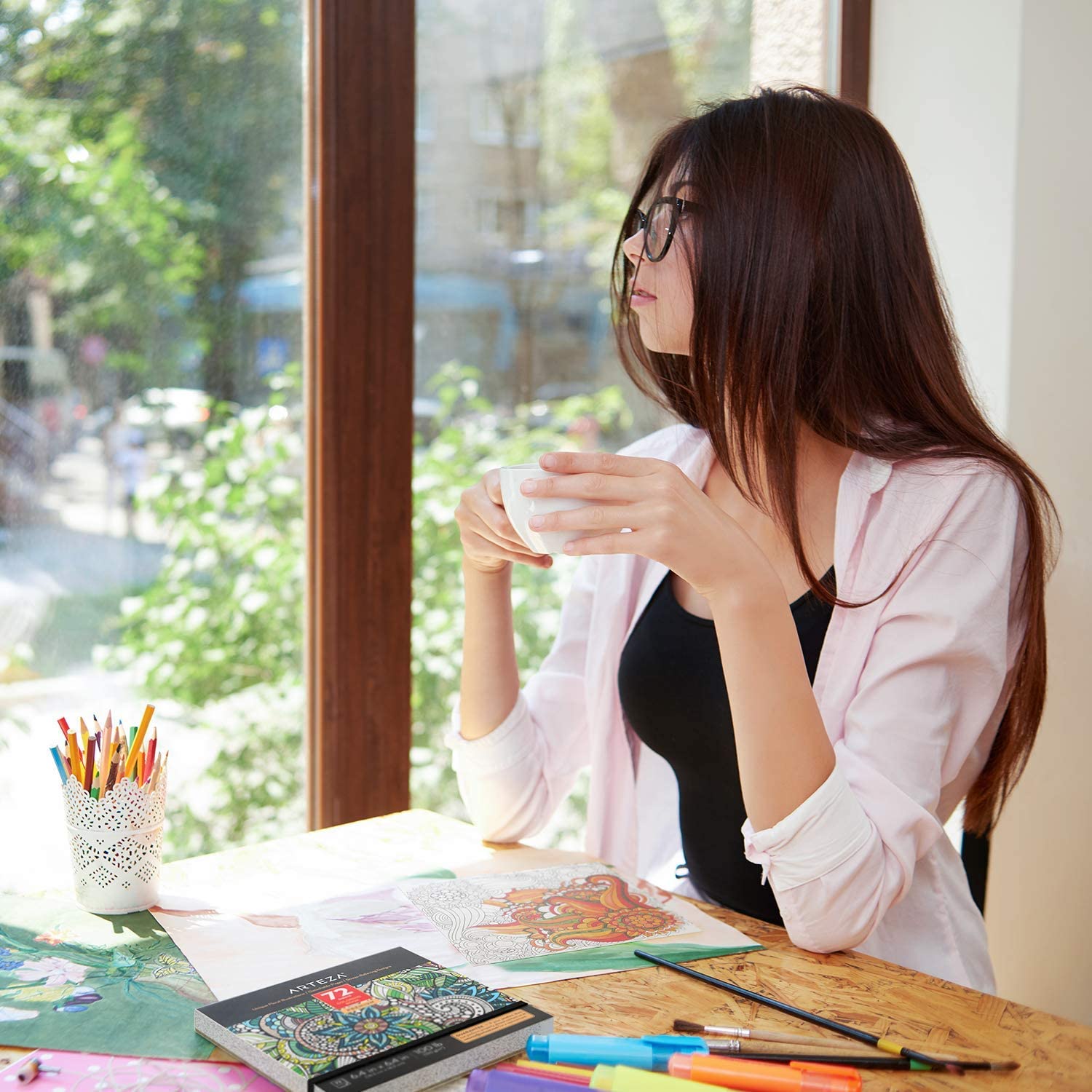 Coloring Book, Floral Illustrations, Gray Outlines, 72 Sheets