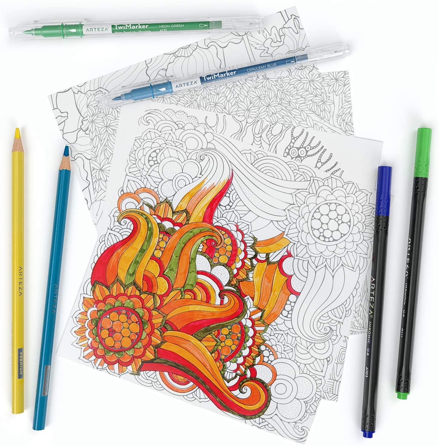 Coloring Book, Floral Illustrations, Gray Outlines, 72 Sheets