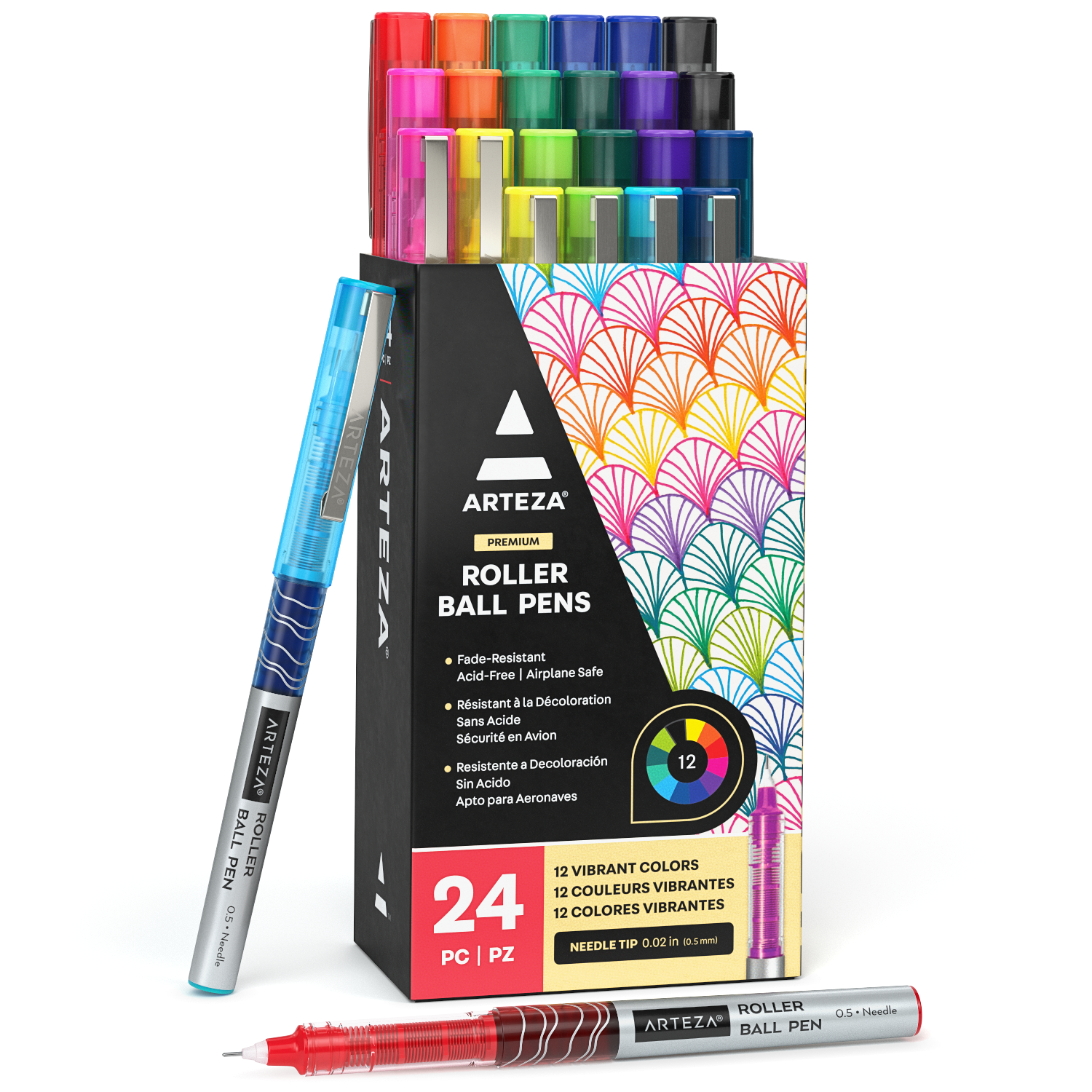 Roller Ball Pens, Multicolor, 0.5mm Needle Nib - Set of 24